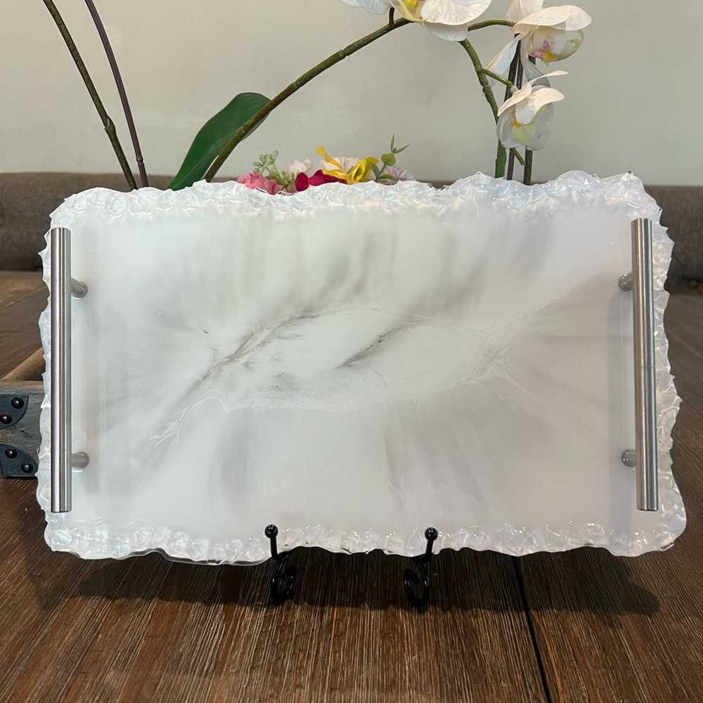 Elegant White Resin Serving Tray with Handles